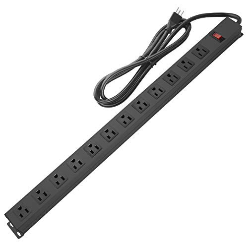 Metal Wall Mount Power Strip, Mountable Power Outlet with 12 AC Outlets, Aluminum Alloy Mount Power Socket with Switch, 6 FT SJT 3/C 14AWG Power Cord, 15A 125V 1875W