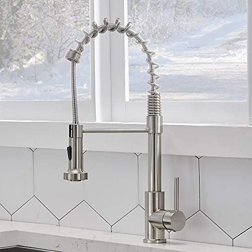 VCCUCINE Modern Commercial Spring Brushed Nickel Pull Out Sprayer Single Handle Kitchen Faucet, Single Lever Pull Down Kitchen Sink Faucets