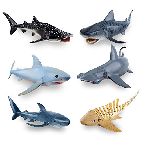 TOYMANY 6PCS 5-8" L Realistic Shark Bath Toy Figurines, Plastic Ocean Sea Animals Figures Set Includes Whale Shark,Tiger Shark,Mako Shark, Cake Toppers Christmas Birthday Gift for Kids Toddlers