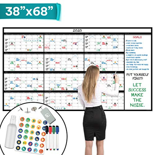Large Dry Erase Wall Calendar - 38" x 68" - Undated Blank 2020 Reusable Yearly Calendar - Giant Whiteboard Year Poster - Laminated Office Jumbo 12 Month Calendar (Black)