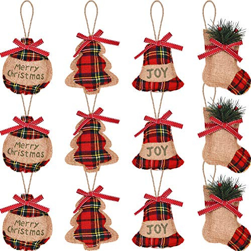Jetec 12 Pieces Christmas Burlap Tree Ornaments Hanging Decorations Christmas Stocking Tree Ball Shaped Decor for Christmas Party, 4 Styles (Color 1)