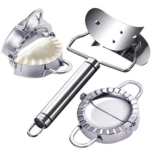 MyLifeUNIT Dumpling Maker, 3 Pack Stainless Steel Dumpling Mold Set with Rolling Cookie Cutter for Empanada, Calzone, Ravioli and Pierogi (4 Inch/95 mm)