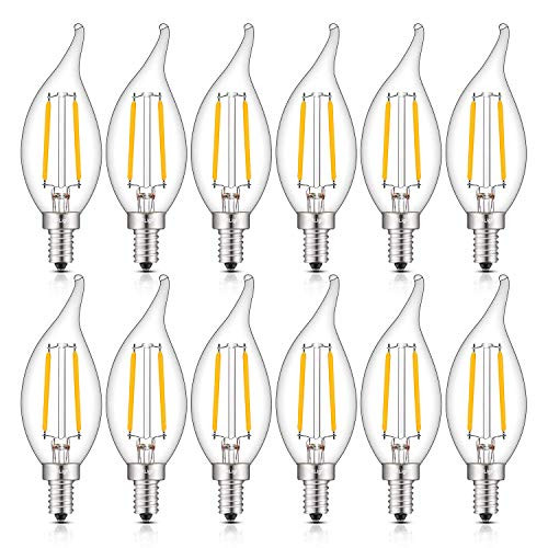 CRLight LED Candelabra Bulb 25W Equivalent 250LM, 3000K Soft White 2W Filament LED Chandelier Light Bulbs, E12 Base Vintage Edison CA11 Clear Glass Candle Bulbs, Non-dimmable Version, 12 Pack