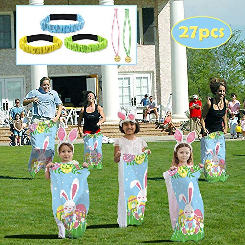 6 Easter Potato Sack Race Bags Easter Bunny Headband 3 Legged Race Bands Gold Prize Party Outdoor Play Activity Games for Kids Adults Birthday Supplies