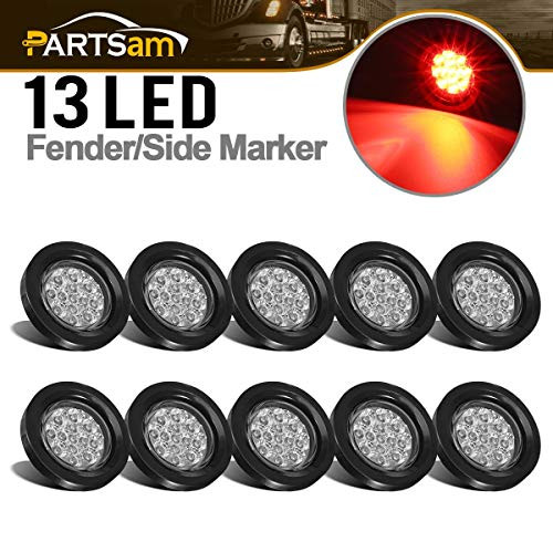 Partsam 10Pcs 2.5" Round Red Led and Side Marker Lights Kit 13 Diodes Clear Lens w Reflectors Grommets/Pigtails Truck Trailer Rv Flush Mount Waterproof 12V Sealed, 2.5" Round Led Lights