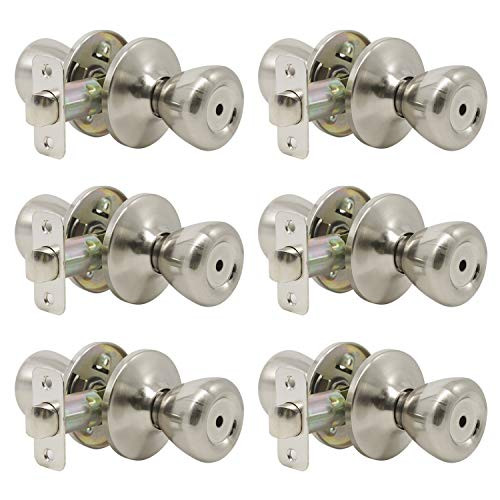 Probrico Satin Nickel Privacy Door Knobs Interior Tulip Shape Door Handles Locks for Bedroom Bathroom, Keyless Door Locksets, 6 Pack