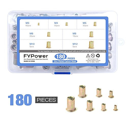 Zinc Plated Carbon Steel Mixed Rivet Nut 180pcs, Threaded Insert Nutsert M3 M4 M5 M6 M8 M10 M12
