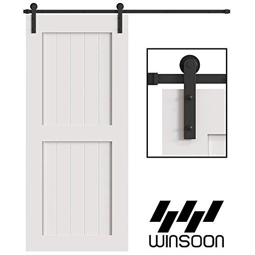WinSoon 5/6/8/10/12/13/15/16FT Black Straight Design Sliding Roller Barn Single Wood Door Hardware Closet Track Kit Set (6FT Single Door Kit)
