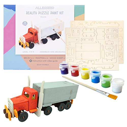 Allessimo 3D Paint Puzzle Reality Wooden (Truck - 38pcs) Model Paint Kit with Brush Toys for Kids Puzzle Build 3D Puzzles Educational Fun Crafts Building DIY