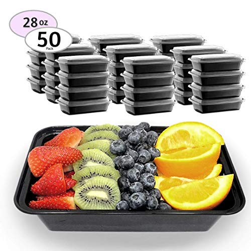 Meal Prep Containers, Microwave Freezer Safe Food Storage Containers Meal Prep, The Best Food Prep Lunch Containers With Lid by SEWTCO (White lids and Black container, 28oz 50 Pack)