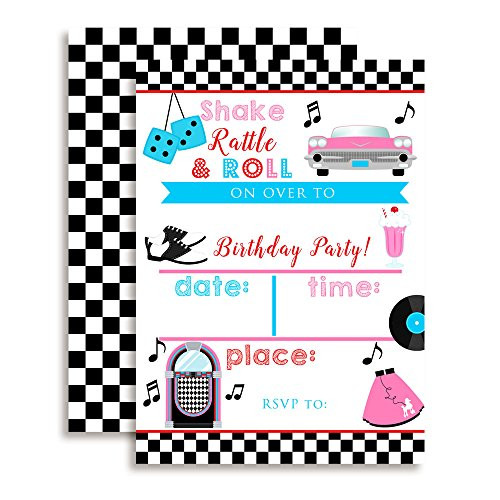 50's Sock Hop Birthday Party Invitations, 20 5"x7" Fill in Cards with Twenty White Envelopes by AmandaCreation