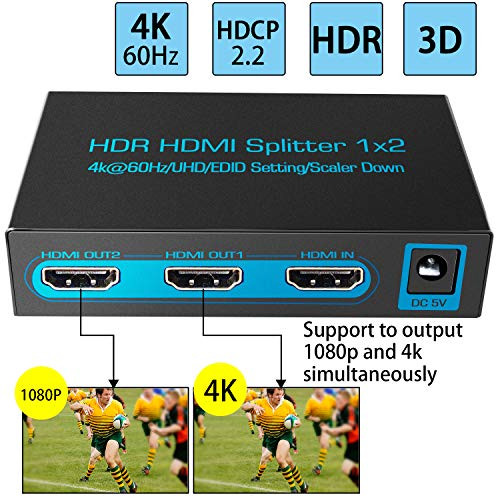 4k@60Hz HDMI Splitter 1x2 FiveHome 1 Input 2 Output 4K&1080P Simultaneously Support HDR, HDCP 2.2,Full HD,3D