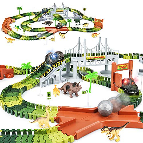 KKONES Dinosaur Toys-273pcs Create A Dinosaur World Road Race-Flexible Track Playset and 2 pcs Cool Dinosaur car for 3 4 5 6 Year & Up Old boy Girls Best Gift (Green) KKONES Dinosaur Toys-273pcs Create A Dinosaur World Road Race-Flexible Track Playset and 2 pcs Cool Dinosaur car for 3 4 5 6 Year & Up Old boy Girls Best Gift (Green)