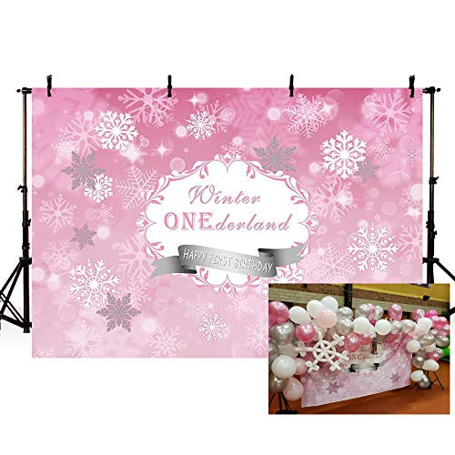 MEHOFOTO Girl Winter Onederland Photography Backdrops Princess Baby First Birthday Pink Winter Wonderland Snowflake Party Decoration Photo Studio Booth Background Banner 7x5ft