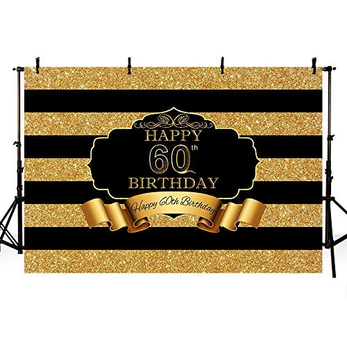 MEHOFOTO Black and Gold Sequins Stripes Photo Studio Booth Background Adult 60th Happy Birthday Party Decorations Banner Backdrops for Photography 8x6ft