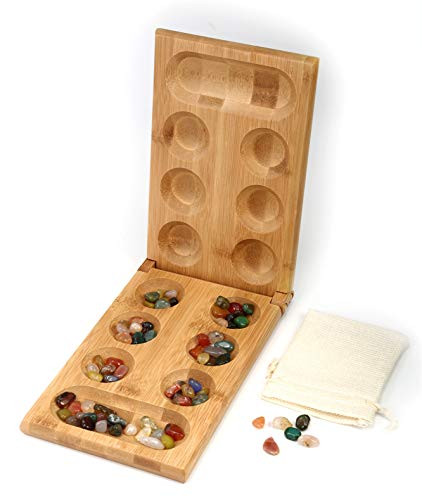 Togudot Mancala Board Game with Solid Wood Folding Board 80 Glass Stones Marble Game Set for Kids Adults