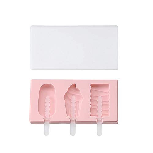 Ice Cream Mold, Ice Cream Bar Mold, 3 Cavities Silicone Ice Pop Mold,3 Different Shape Reusable Popsicle Molds with Sticks, Ice Pop Molds Maker,Cake Ice Cream Popsicle Maker Easy Release