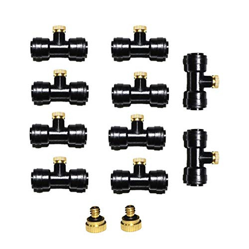 1/4'' Slip-Lock, Outdoor Misting Nozzle Tees, Water Brass Misting Mister Nozzle, Misting Nozzles Kit, With Thread 10/24 UNC Tees 10pcs and 0.4mm Orifice Nozzle 12pcs, For Outdoor Cooling System