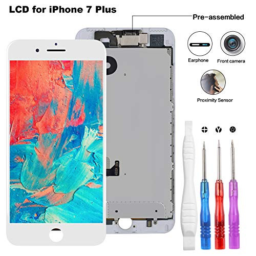 Screen Replacement Compatible for iPhone 7 Plus White 5.5 Inch, LCD Display 3D Touch Digitizer Full Assembly with Proximity Sensor + Front Facing Camera + Earpiece Speaker + Repair Tools Kit