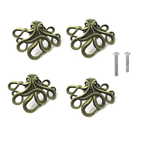 HozYi Set of 4 Octopus Drawer knobs for Your Coastal Home Metal Octopus Cabinet Knobs Nautical Beach Decor Dresser Knobs Pulls Handles (Bronze)