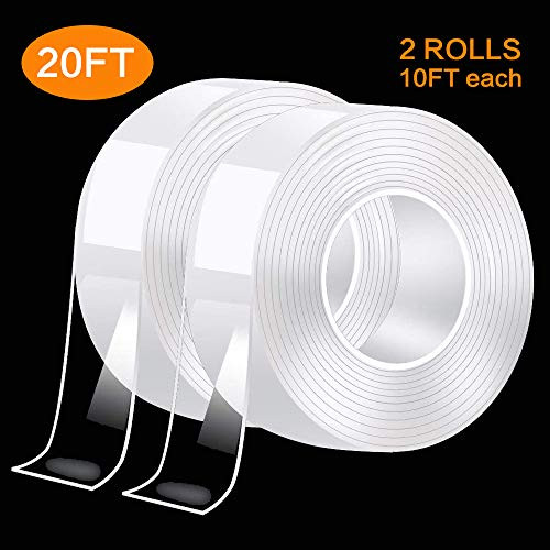 Nano Double Sided Tape Heavy Duty (2Pack 20FT) - Multipurpose Removable Traceless Mounting Tape for Walls?Washable Strong Sticky Adhesive Strips Gel Grip Tape, Carpet Mat Poster Tape for Home Office