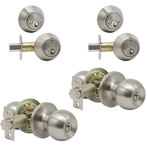 (Set of 2) Combo Entry Entrance Keyed Door Knob Lock Set Door Knobs & Double Cylinder Deadbolt Lock Combo Keyed Entry Set, Satin Nickel Finish Door Hardware & Locks by Probrico