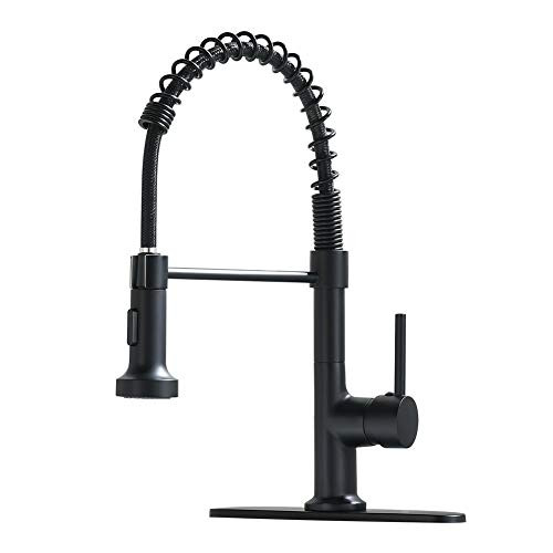 GIMILI Kitchen Sink Faucet Single Handle Pull Down Sprayer Commercial Spring Kitchen Faucet Matte Black with Deck Plate
