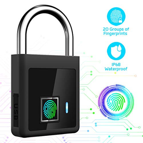 Fingerprint Padlock, IP68 Waterproof Smart Padlock Security Biometric Padlock, USB Recharge Thumbprint Lock Fingerprint Lock Luggage Locks, Keyless Digital Lock for Outdoor, Gym Locker Hasp Backpack