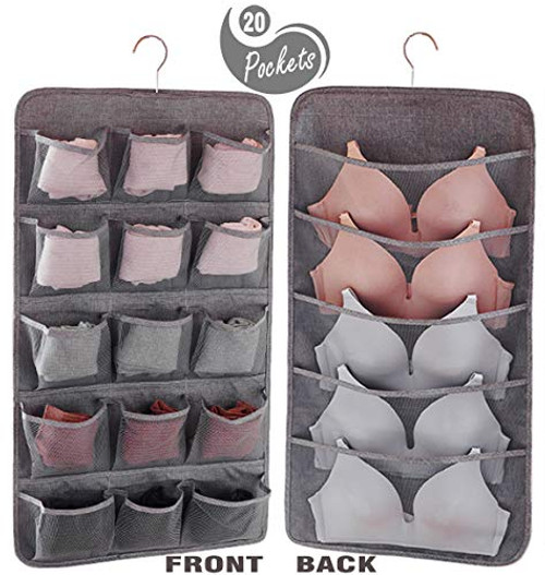 AARainbow Dual-Sided Hanging Closet Organizer with 20 Pockets for Underwear Stocking Toiletries Accessories Bra Dresser Panty Socks Drawers Home Basics (Gray, Normal)
