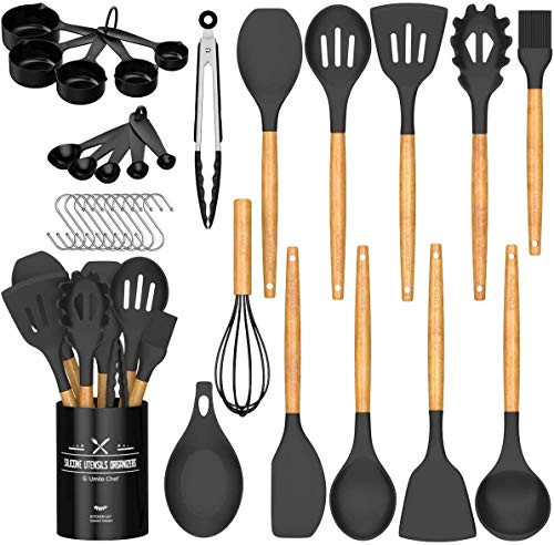 Umite Chef Kitchen Cooking Utensils Set, 24 pcs Non-stick Silicone Cooking Kitchen Utensils Spatula Set with Holder, Woodle Handle Heat Resistant Silicone Kitchen Gadgets Utensil Set (Black Gray)