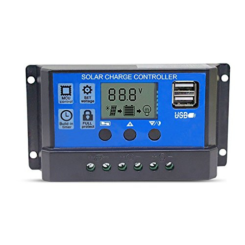 Solar Charge Controller 10A Solar Panel Battery Controller 12V/24V PWM Auto Paremeter Adjustable LCD Display Solar Panel Battery Regulator with Dual USB Load Timer Setting ON/Off Hours
