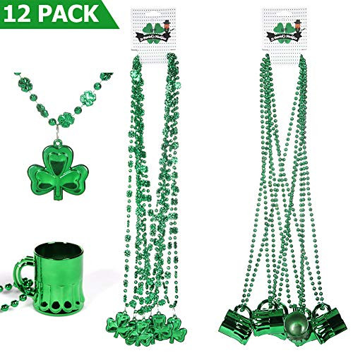 Tonak St Patricks Day Green Shamrock Necklace Plastic Shamrock Bead Necklaces with Shot Glass St Patricks Day Accessories for Women and Men St Patricks Day Decorations Party Supplies 12pcs