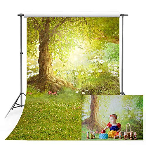 MEHOFOTO Spring Photography Backdrop Easter Woodland Big Tree Meadow Grass White Flower Fairy Tale Photo Studio Booth Background 5x7ft