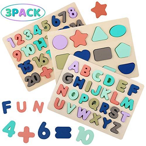 Wooden Alphabet Number Shape Puzzles for Toddlers, Kesletney Wood ABC Puzzles Number Blocks for Kids, Early Education Learning Puzzle Toys for Boys Girls Ages 3 4 5 6 (Set of 3)