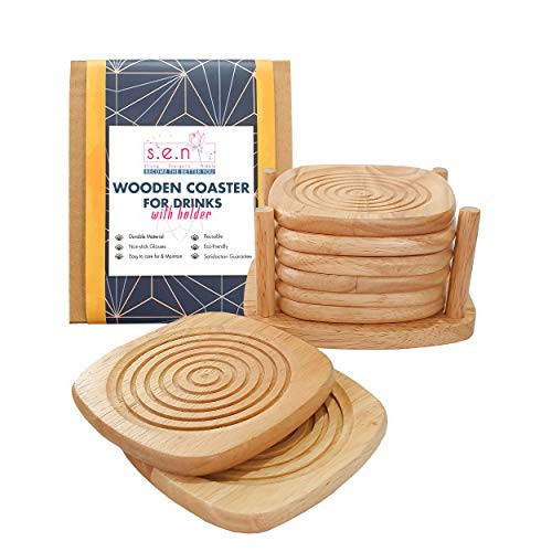 s.e.n Wooden Coasters for Drinks with Holder, Natural Coasters with Holder, Coasters for Drinks with Holder Set of 6, Outdoor-Bar Plain Coasters Sets, Coasters for Wooden Table (Coaster 03)