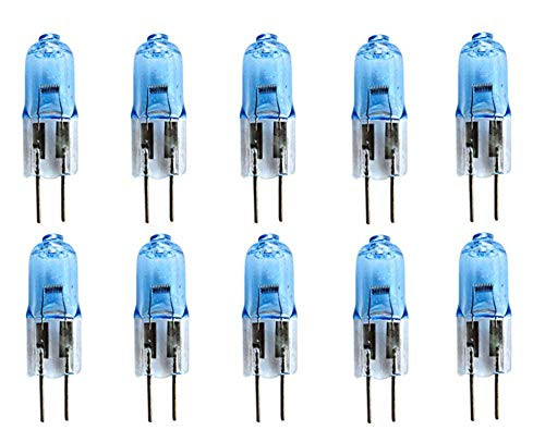 JKLcom 20W Halogen Bulbs 20 Watt T3 G4 Base 12 Volt Light Bulb 20W 12 Volt T3 JC Lamp Halogen Light Bulbs,T3 G4 Bi-Pin Base,Blue Glass Cover, Warm Soft White 3200K,Pack of 10