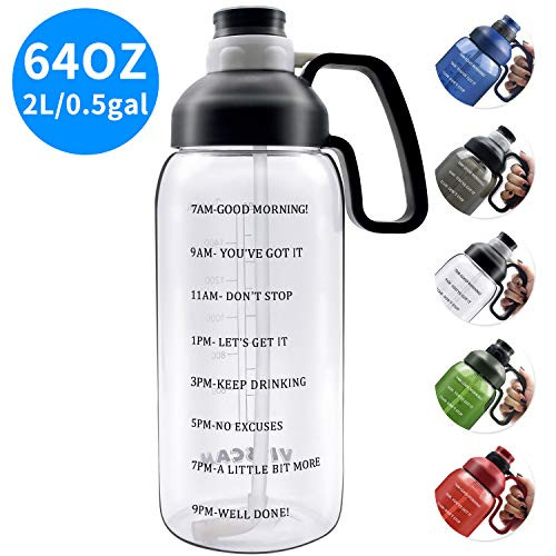 64 OZ Water Bottle with Straw and Time Half Gallon Water Bottle with Time Marker Water Bottles Large Water Bottle with Handle Water Jug for Sports Water Bottle Motivational 2L Water Bottle Wide Mouth