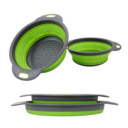 Silicone Collapsible Colander with handles, 2 Sets Kitchen Foldable Silicone Strainer Space-Saver Folding Strainer Colander for Pasta, Vegetables, Hot Water (Green)