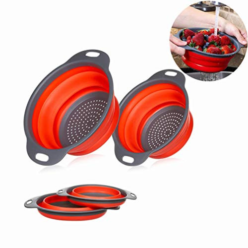 Collapsible Colander with handle, 2 Sets Kitchen Silicone Strainer Space-Saver Folding Strainer Colander for Pasta Vegetables, Two Sizes 8"-2 quarts, 9.5" -3 quarts (Red)