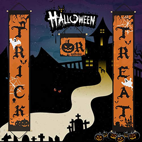 CiyvoLyeen Trick or Treat Halloween Banner for Home Indoor Outdoor  3pcs Halloween Hanging Sign for Office Porch Front Door Halloween Decorations Easy to Use Ready to Hang
