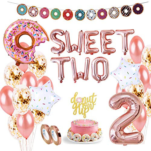 Dxary Donut 2nd Birthday Party Supplies Set, Two Sweet Birthday Party Decorations with Donut Grow Up Cake Topper Two Sweet Foil Balloon Cute Donut Banner Rose Gold Confetti Latex Balloon and Doughnut Foil Balloon For Donut Party Decor Dxary Donut 2nd Birthday Party Supplies Set, Two Sweet Birthday Party Decorations with Donut Grow Up Cake Topper Two Sweet Foil Balloon Cute Donut Banner Rose Gold Confetti Latex Balloon and Doughnut Foil Balloon For Donut Party Decor