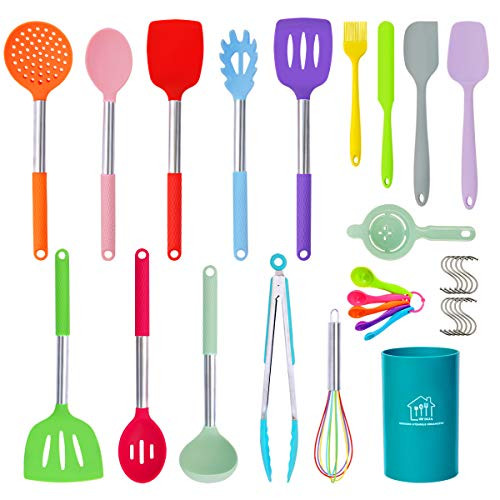 Silicone Cooking Utensils Set, 31pcs Kitchen Utensils Set, Heat Resistant Non-stick Silicone Kitchen Cookware with Stainless Steel Handle BPA-Free Kitchen Cooking Tools Set - Colorful