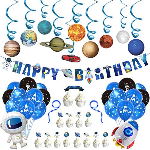 Rainmae Outer Space Solar System Party Decoration Set, Universe Space Themed Happy Birthday Banner Outer Space Whirls Hanging Swirl for Kids, Balloon, Banner, Cake Flag, Space, Solar System, Planets Baby Shower, Birthday Party Accessory & Decoration