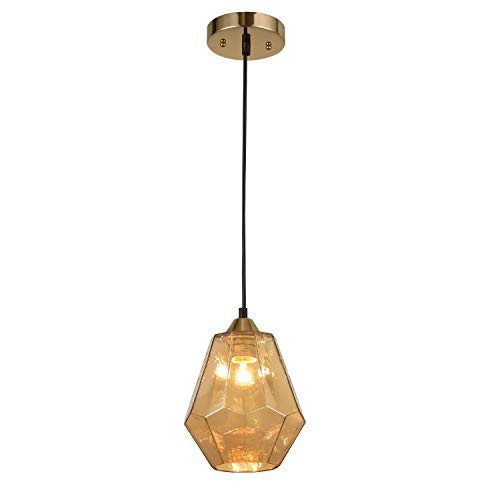 FERWVEW Amber Glass Gold Pendant Light, Hanging Ceiling Pendant Lights with Diamond Shaped Glass Shade, Pendant Light Fixture for Kitchen Island Dining Living Room Bedroom