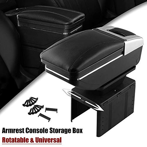 Sporacingrts Universal Car Armrest Console Storage Box Rotatable Black Leather Center Box