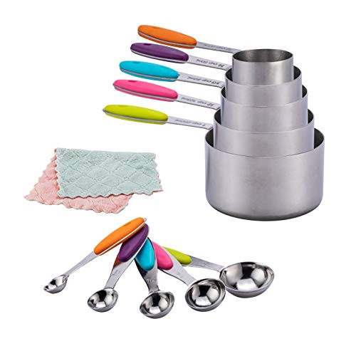 10 Piece Stainless Steel Measuring Cups and Spoons Set with Scrub Sponge Including 5 Piece Measuring Cups and 5 Piece Measuring Spoons, for Dry and Liquid Ingredients