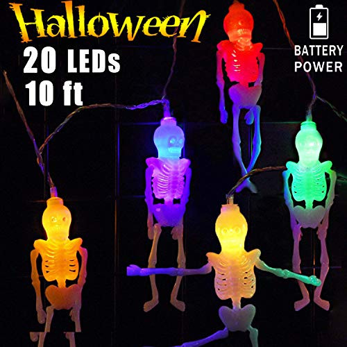 Halloween Decorations Skeleton Skull String Lights, 10ft 20 LEDs Battery-Powered 2 Lighting Modes Halloween String Lights, Spooky Skeleton Outdoor Indoor Halloween Party Favor Decor (Colored Light)