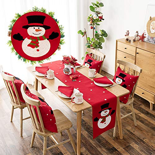 Cassiel Home Christmas Table Runner 108, Merry Christmas Decorations Embroidery Christmas Runner for Table Red Snowman and Snowflake Table Runner 13x108 for Kitchen Dining Party