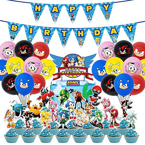 Mbetitony Sonic Party Supplies-Sonic Cake Topper-Cupcake Toppers-Birthday Banner-Balloon Set for Kids Shower Party Decorations
