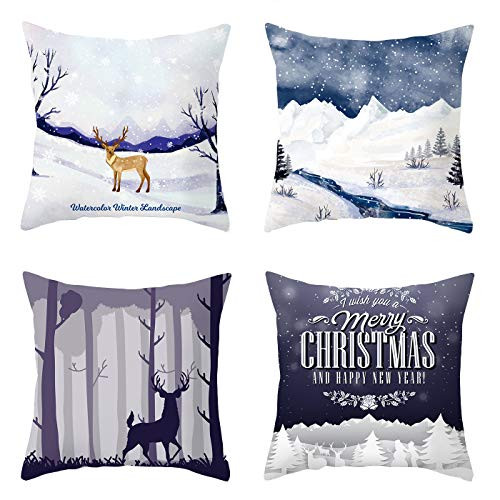 4 Pieces Christmas Pillow Cover Blue Christmas Square Watercolor Throw Pillow Case Sofa Bed Couch Throw Cushion Cover Decoration (18" x 18")